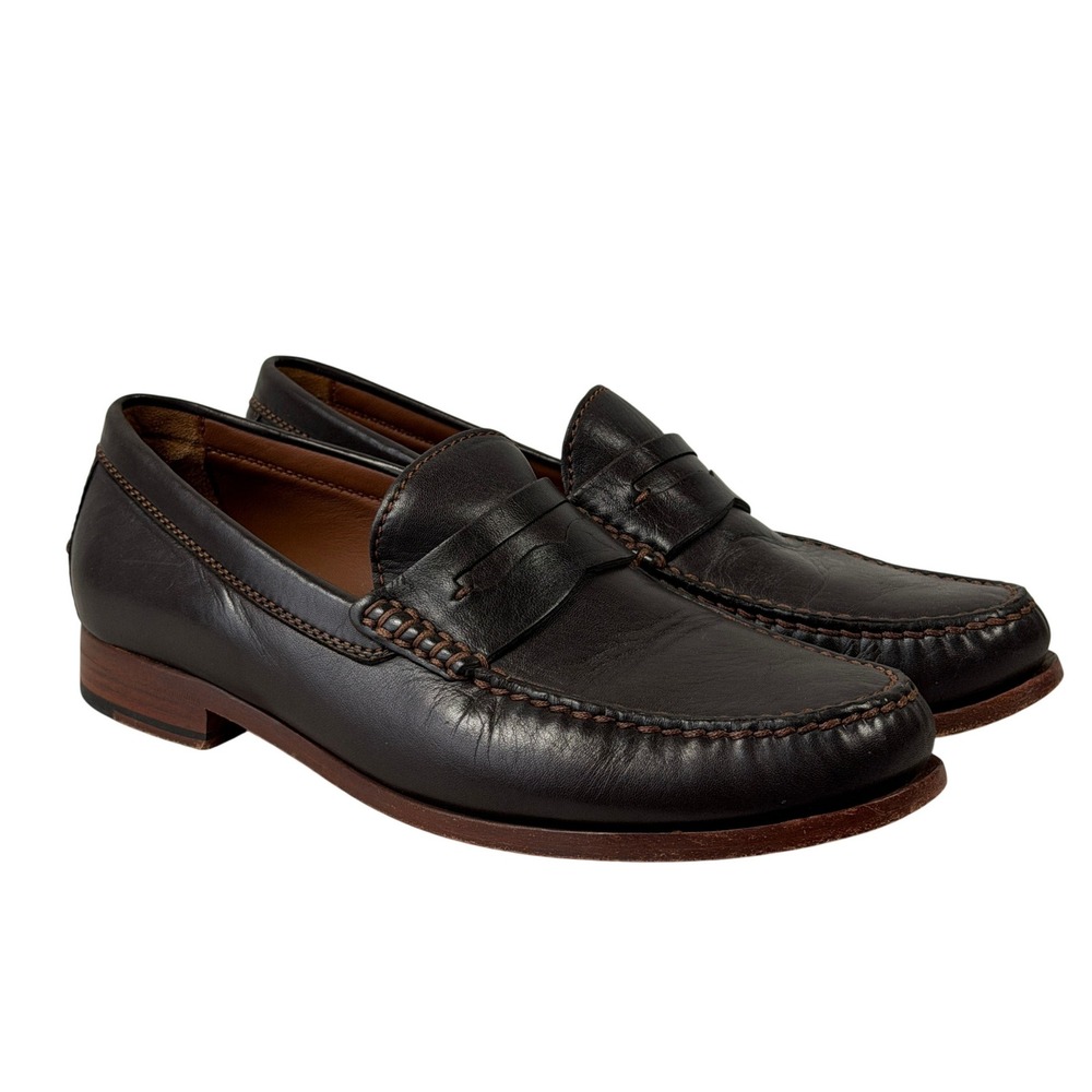 Trask Mens 9.5 M Dark Brown Leather Penny Loafers Handsewn Moc Toe Shoes 30-1386